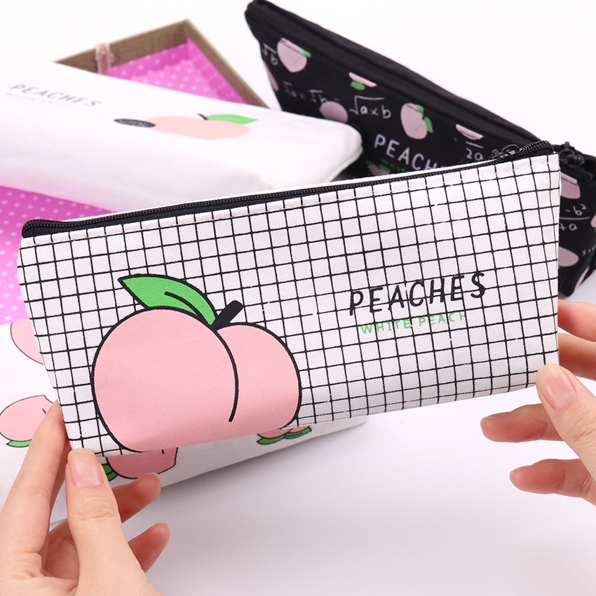 Estuche de lona para lápices de frutas y melocotón, estuches de lápices Escolar para niña, papelería, bolsa de lápices de lona, material Escolar