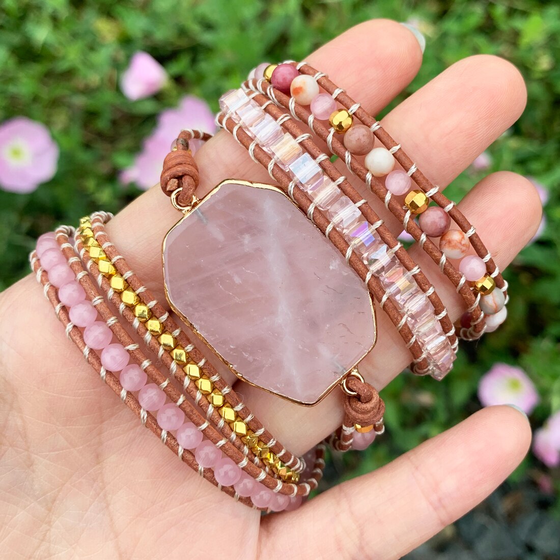 YGLINE Natural Stone Bracelet 5 Wraps Bracelet Handmade Boho Pink Bracelet For Women Bracelet