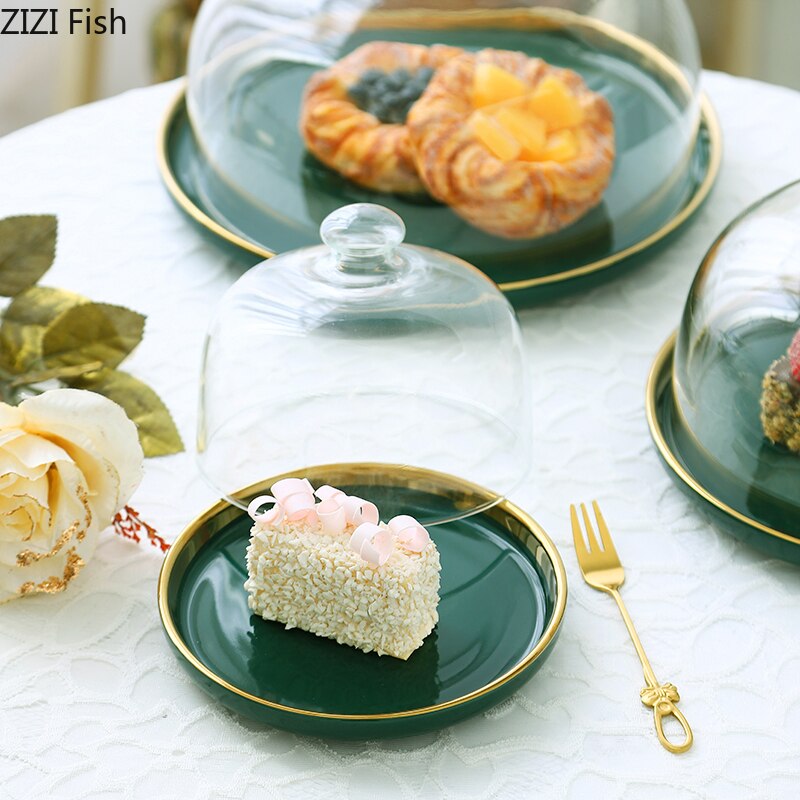 Bandeja redonda de cerámica para Tartas, cubierta de vidrio para Postres, aperitivos, postres y frutas, accesorios para fotos, bandeja para probar a comer, soporte con tapa