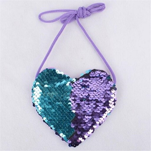 Explosion Sequins Lanyard Bag Girl Coin Purse Child Diagonal Shoulder Package Kids Loving Heart Sequins Mini Coin Purse: Blue Purple