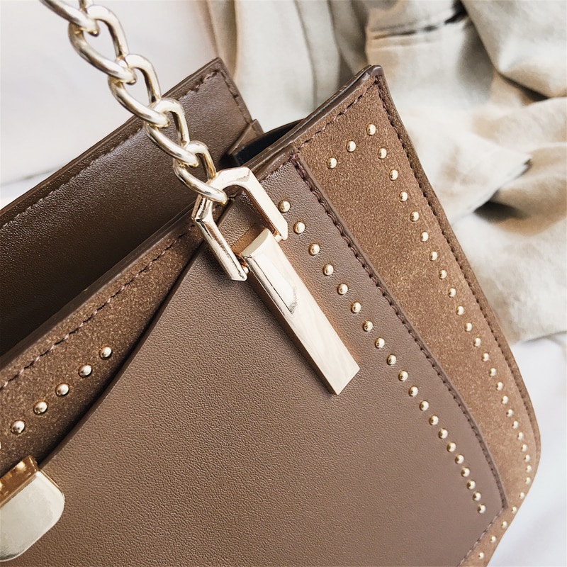 Luxury Rivet Handbag Women Bag Brand Metal Chain Tote Bags Casual PU Leather Crossbody Bag