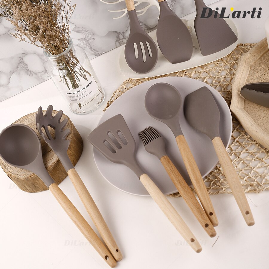 Juego de cocina de silicona antiadherente, resistente al calor, fácil de limpiar, de madera maciza, mango de madera de haya, juego de espátulas
