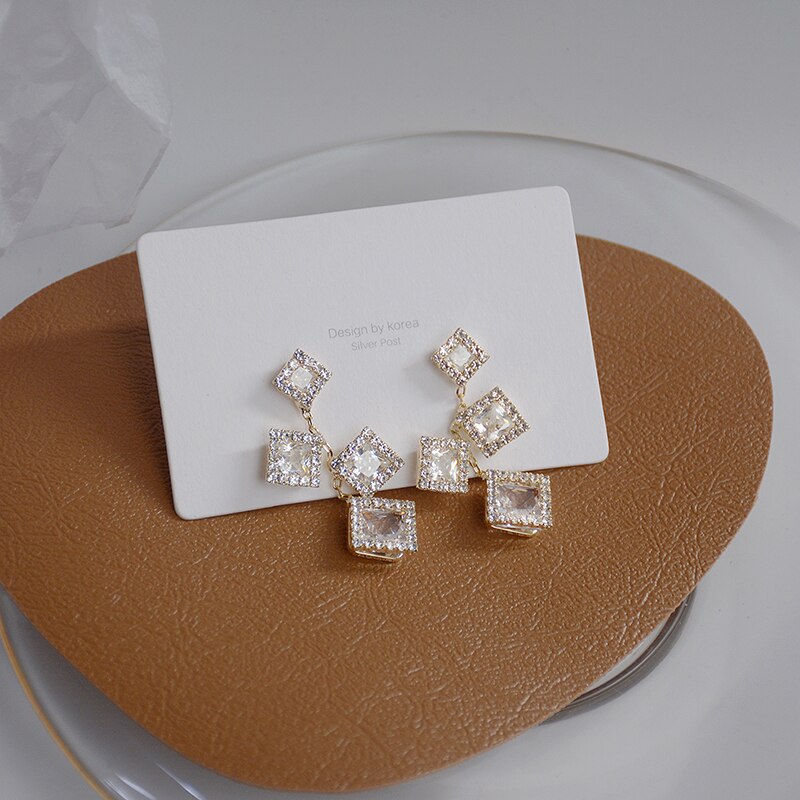 Korean Cube Geometric Earring for Women AAA Bling Top Crystal Zircon Stud Earrings Birthday Pendant