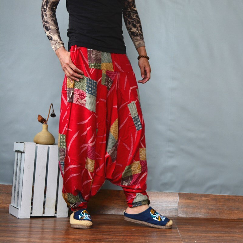 Pantalones bombachos para hombre con dibujo étnico bombachos grandes de algodón y lino respirables, pantalones largos Retro holgados con farol, pantalones de talla grande