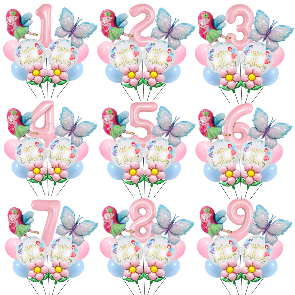 Juego de globos de hadas y flores, globos de mariposa, decoraciones de 1 a 9 cumpleaños para niñas, suministros de decoración para de cumpleaños con tema de mariposa