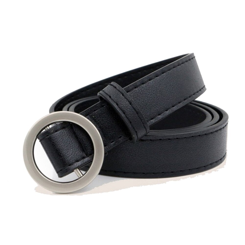 Belt Round Pin Buckle Metal Holeless Female Belt Faux Leather Casual Solid Belts For Women: Black