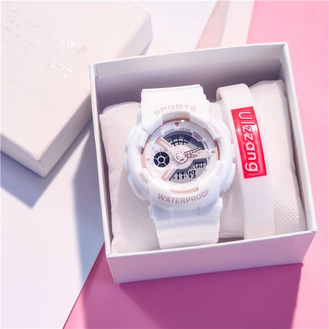 Unieke dameshorloges, wit dames sporthorloge, waterdicht, dual time led digitaal horloge voor meisjes en jongens, trendy: Wit roségoud