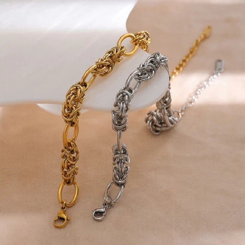 Pulsera Bizantina de acero inoxidable 100% para mujer, brazalete de quilla chapado en oro, joyería de etiqueta Simple y estética, Idea de perfecta, dorado
