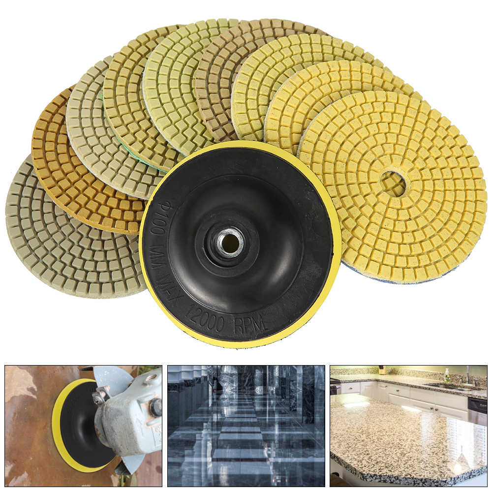 10-teiliges Diamant-Polierpads-einstellen, Körnung 50–6000, 10,2 cm, 100 mm, Nass-/Trockenpolier-Unterstützer, Granit, Marmor, Beton, Schleifscheiben-einstellen