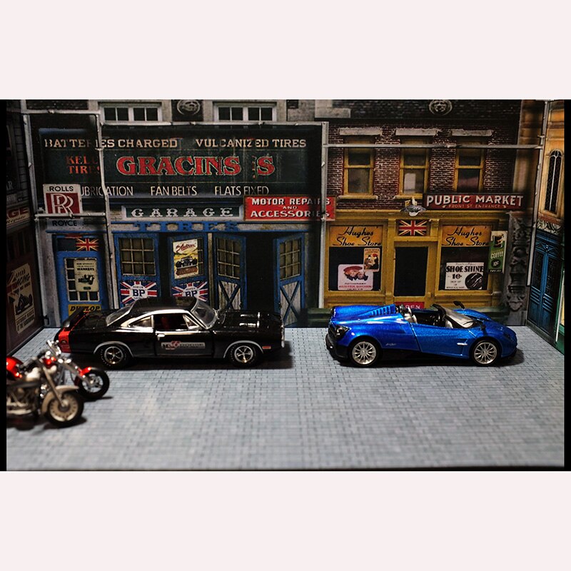 1/64 Garage Parkplatz Straße Szene Schießen Bord Diorama Geeignet für druckguss Auto Modell Sammlung Anzeige