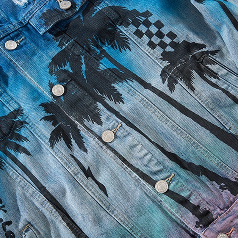 Mode Losse Denim Jas Vintage Bomberjack Ripped Holes Zee Strand Kokospalm Mannen Hip Hop Jeans Jacket Streetwear Coat