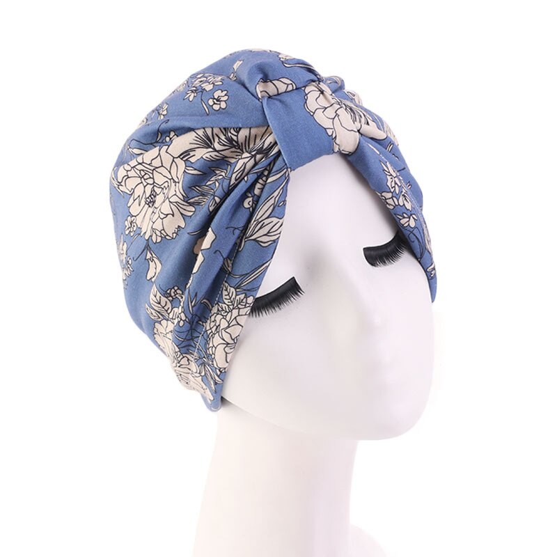 Elastische katoenen tulband hoed bloemenprint dames warme hoofddoek muts binnen hijabs muts moslim hijab vrouwelijke wikkel hoofd: Hemelsblauw
