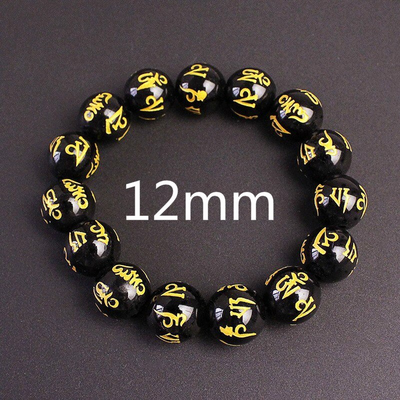 Feng Shui obsidienne perles Bracelet Six mots proverbes breloques femmes chanceux richesse Bracelet pour Couple bijoux à la: 12mm