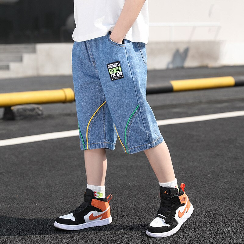 Summer Boys Jeans Teenagers Thin Solid Denim Short Pants Boys Clothes Elastic Waist Short Trousers Children Boy Casual Clothing: 120