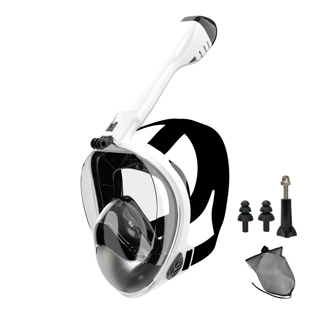 Helmask med snorkel, dykmask för vuxna och ungdomar, läckagefri, imfri, 180 ° panoramavy med kamerafäste, säker andning: Vit / L / xl
