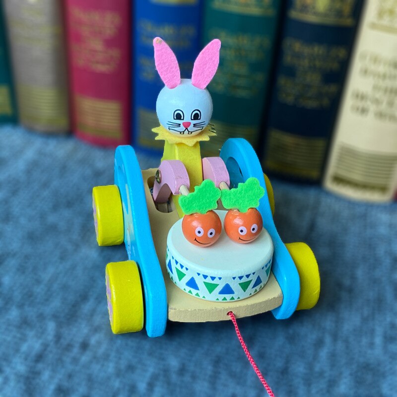 Kinderen Houten Beer Towing Auto Baby Towing Peuter Cartoon Beer Drum Speelgoed Auto Dier Little Bunny Towing Auto