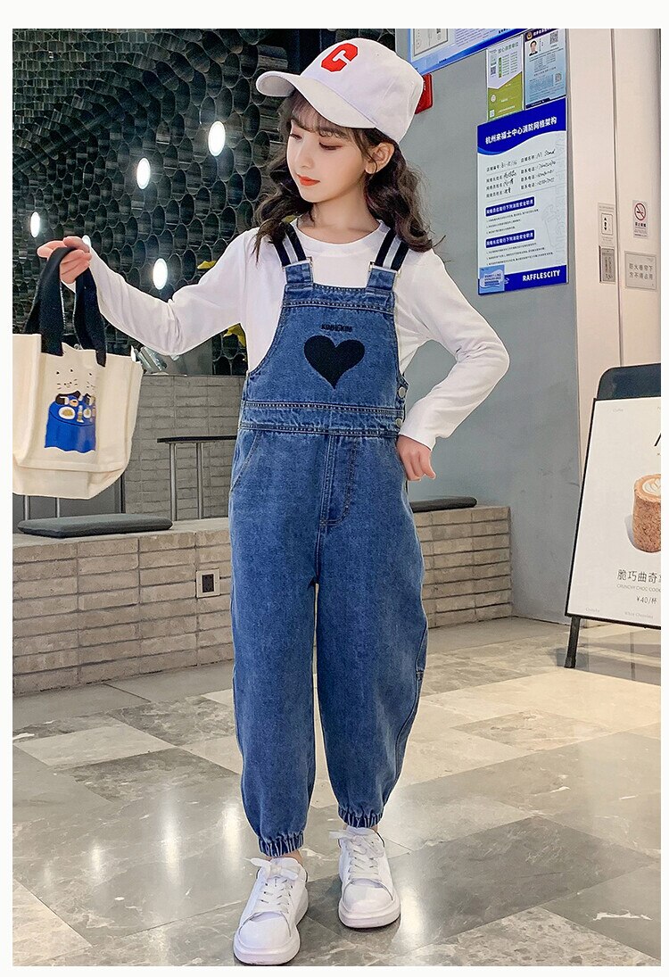 Teen Girls Denim Overalls Autumn Heart Print Girls Suspender Pants Casual Teenage Children's Rompers Jumpsuits 6 8 10 12 14 Y