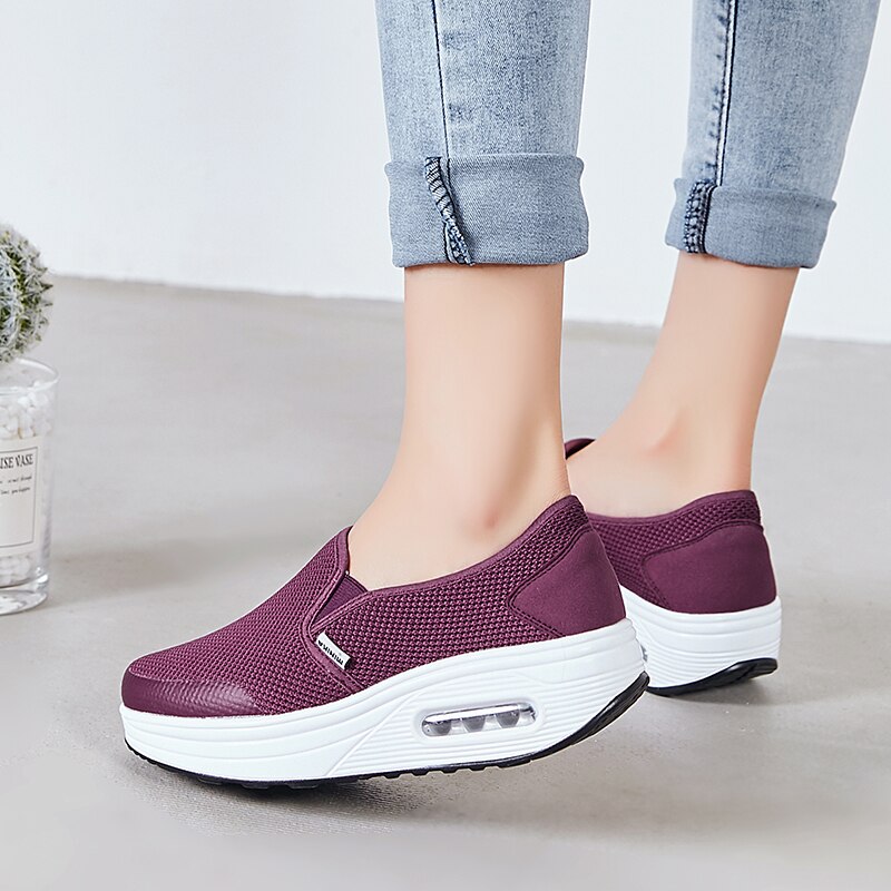 Kvinner flat platform toning sko slip on lette damer wedge fitness swing joggesko utendørs kvinner slankesko sport