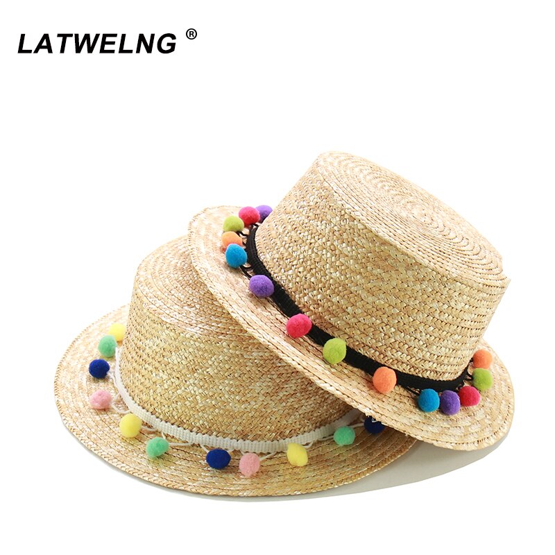 Crianças & adulto bonito borla pompons chapéu de palha meninas chapéu de praia com corda elástica plana topo feminino verão chapéu de sol atacado