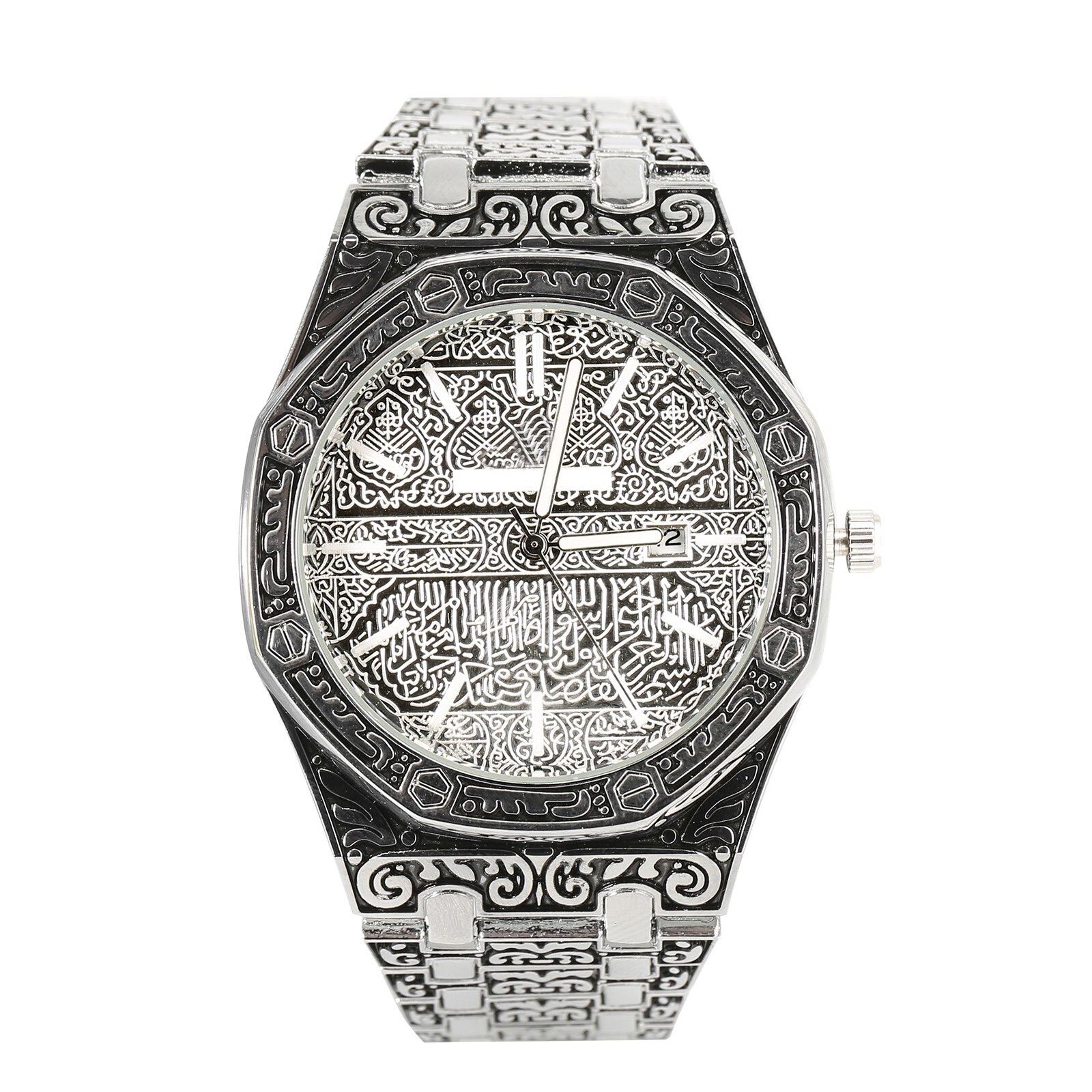 Meca Edition-Reloj de pulsera clásico tallado para hombre, reloj de pulsera islámico de lujo para negocios, tric889: Plata