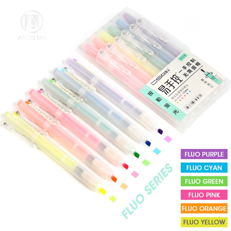 Andstal unik pastel / fluo / blød / retro udtrækkelig highlighter pen 6/12 stk fluorescerende farve til skolemarkør papirvarer kontor: 6 stk fluorescerende