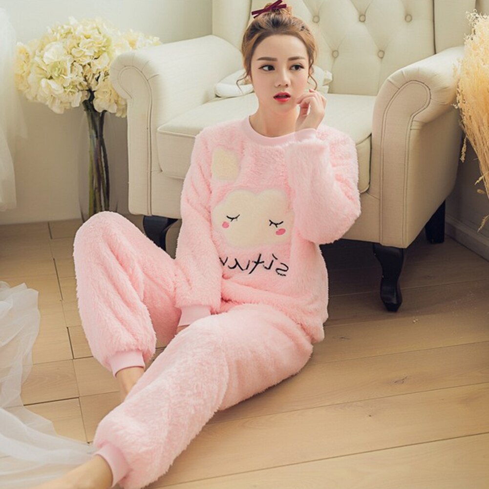 2pcs Korean Winter Warm Thicken Flannel Pajamas Set Sweet Women Long Sleeve Cartoon Print Leisure Homewear Sleepwear Tops+Pants