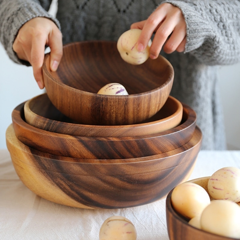 Cuenco de madera para almacenamiento de frutas y verduras, cuenco mezclador de masa, para el hogar Decoración práctica, cocina, Picnic, comida, pan, platos y ensalada