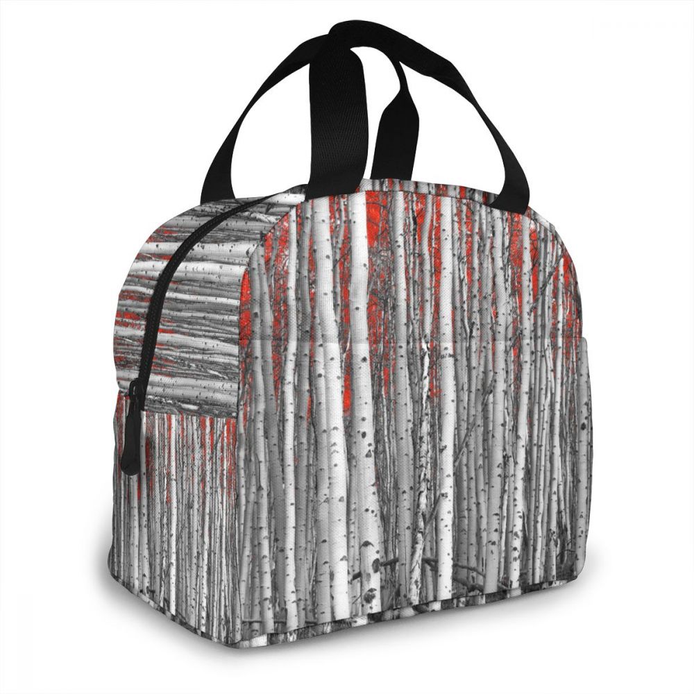 Portable Lunch Bag Grey Birch Tree With Red Leave Thermal Insulated Tote Cooler Bag Bento Pouch Lunch Container Food Storage Bag