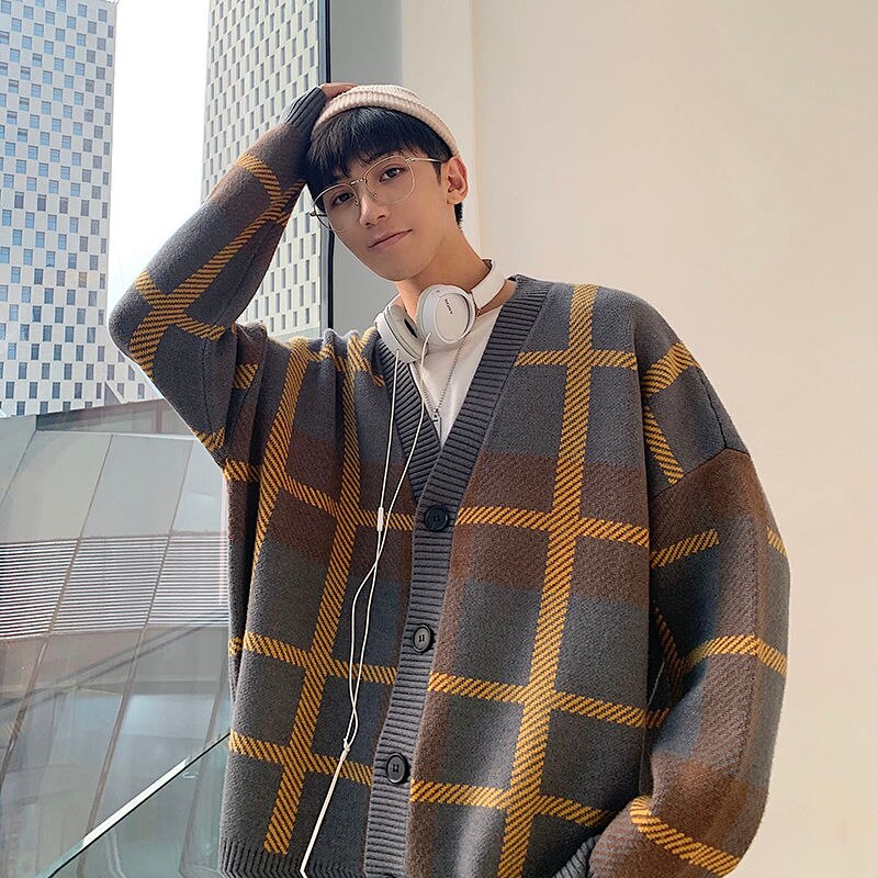 Cotton Cardigan Men&#39;s Warm Retro Casual Plaid Sweater Jacket Men Streetwear Loose Sweater Coat Mens Korean Clothes M-2XL: gray / XXL