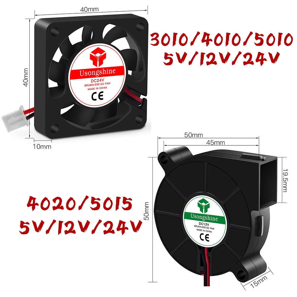 3010 4010 4020 5010 5015 5V 12V 24V ventilateur Turbo de refroidissement pièces d'imprimante 3D sans brosse 2Pin pour extrudeuse ventilateurs de refroidissement cc