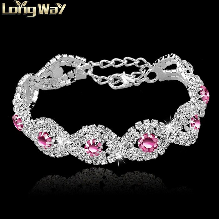 TOUCHEART Luxe Wedding Crystal Armband Met Stenen Voor Vrouwen Zilveren Armbanden Armbanden Turkse Blauwe Sieraden Armband SBR140169: silver pink