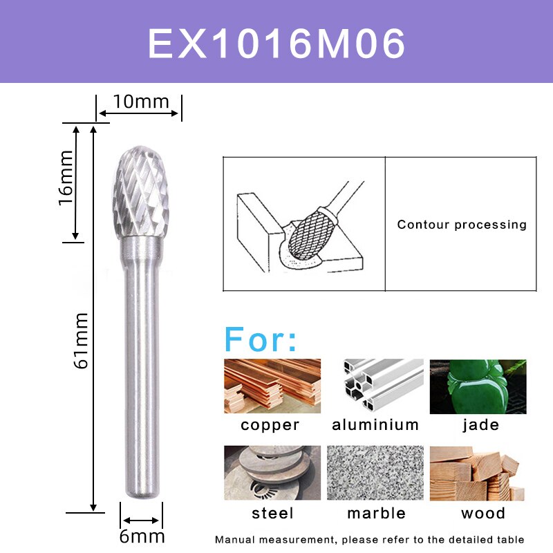 Double Cut EX Type Head Tungsten Carbide Rotary File Tools Drill Milling Carving Bit Tools Point Burr Die Grinder Abrasives Set: EX1016M06