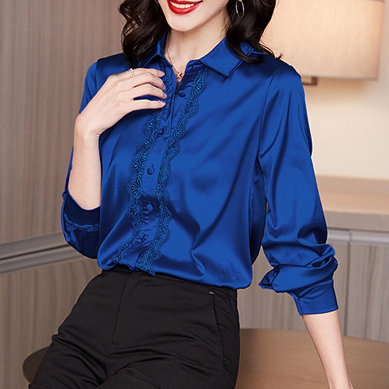 Camisas De seda coreana para Mujer, Blusas De satén, Blusas elegantes De oficina para Mujer, Blusas De manga larga, Blusas De encaje, Blusas De talla grande De para Mujer