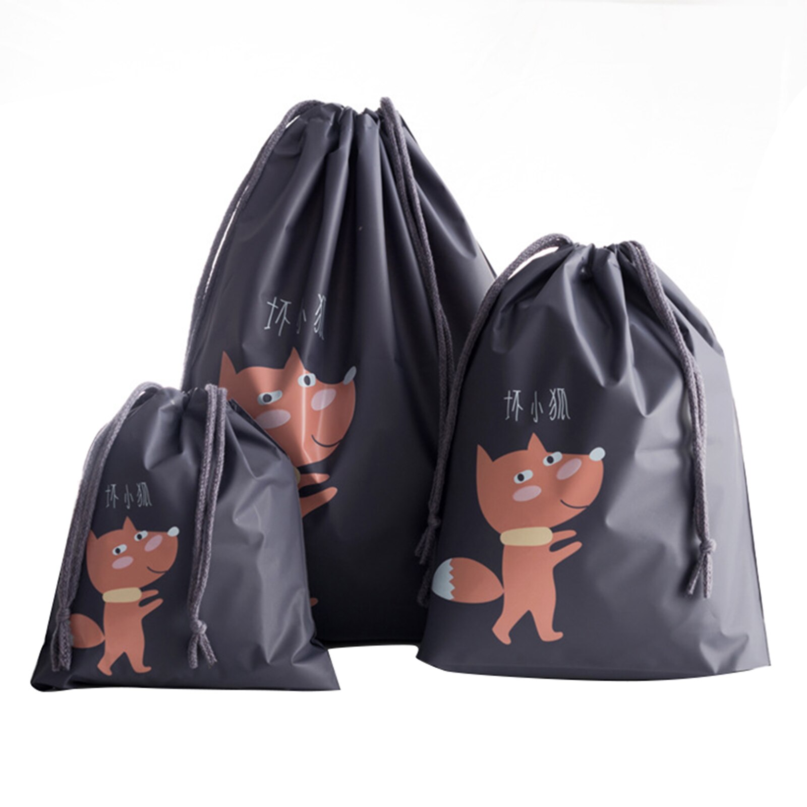 Bolsas de almacenamiento con cordón ajustable, soporte a prueba de agua, con estampado de dibujos animados de animales, embalaje móvil, organizador decorativo para el hogar con cordones, 3 uds.: Gris