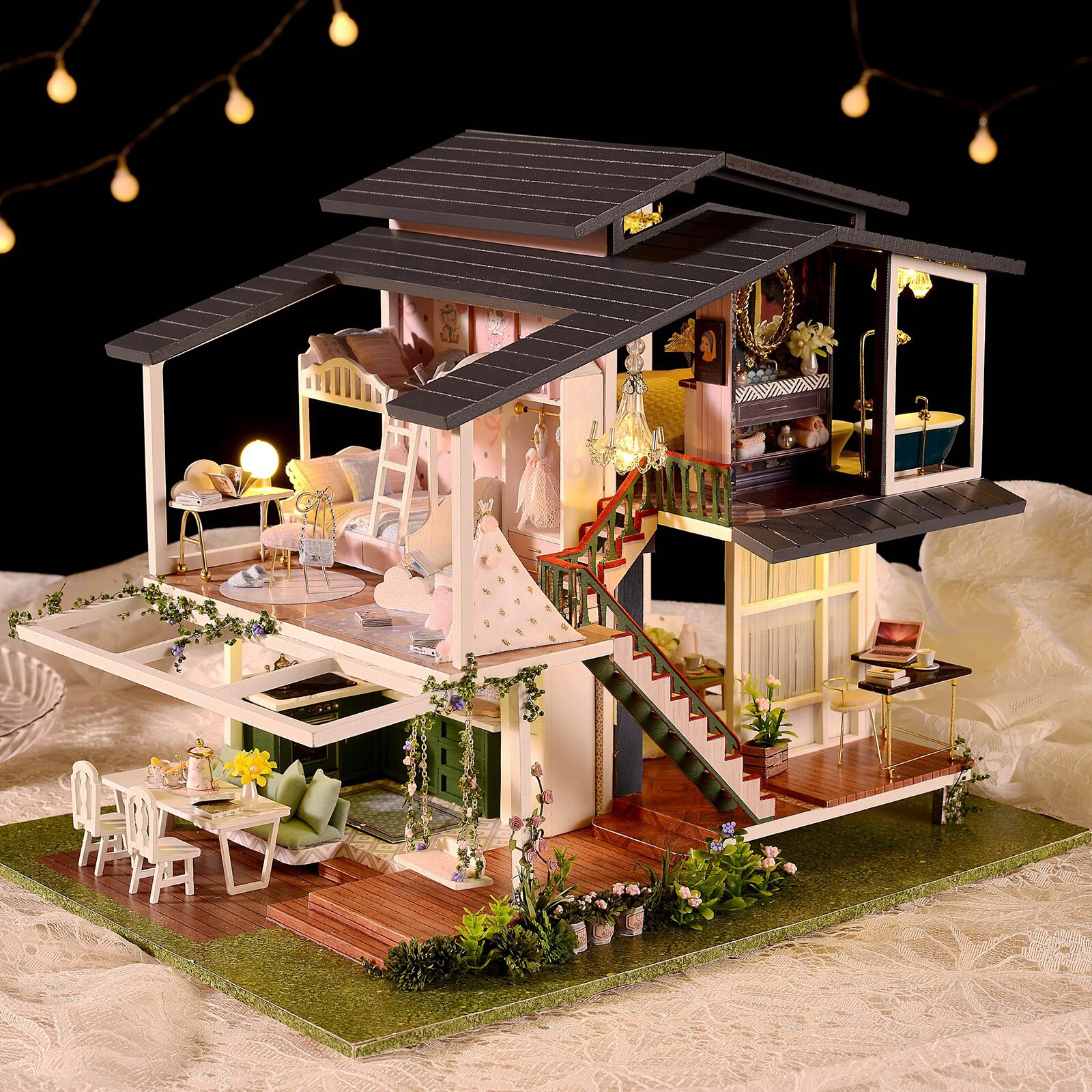 Diy Miniatuur Poppenhuis Meubels Kits Hout Romantische Moderne Villa Huisje Puzzel Playset Zelf Gemonteerd Voor Meisjes