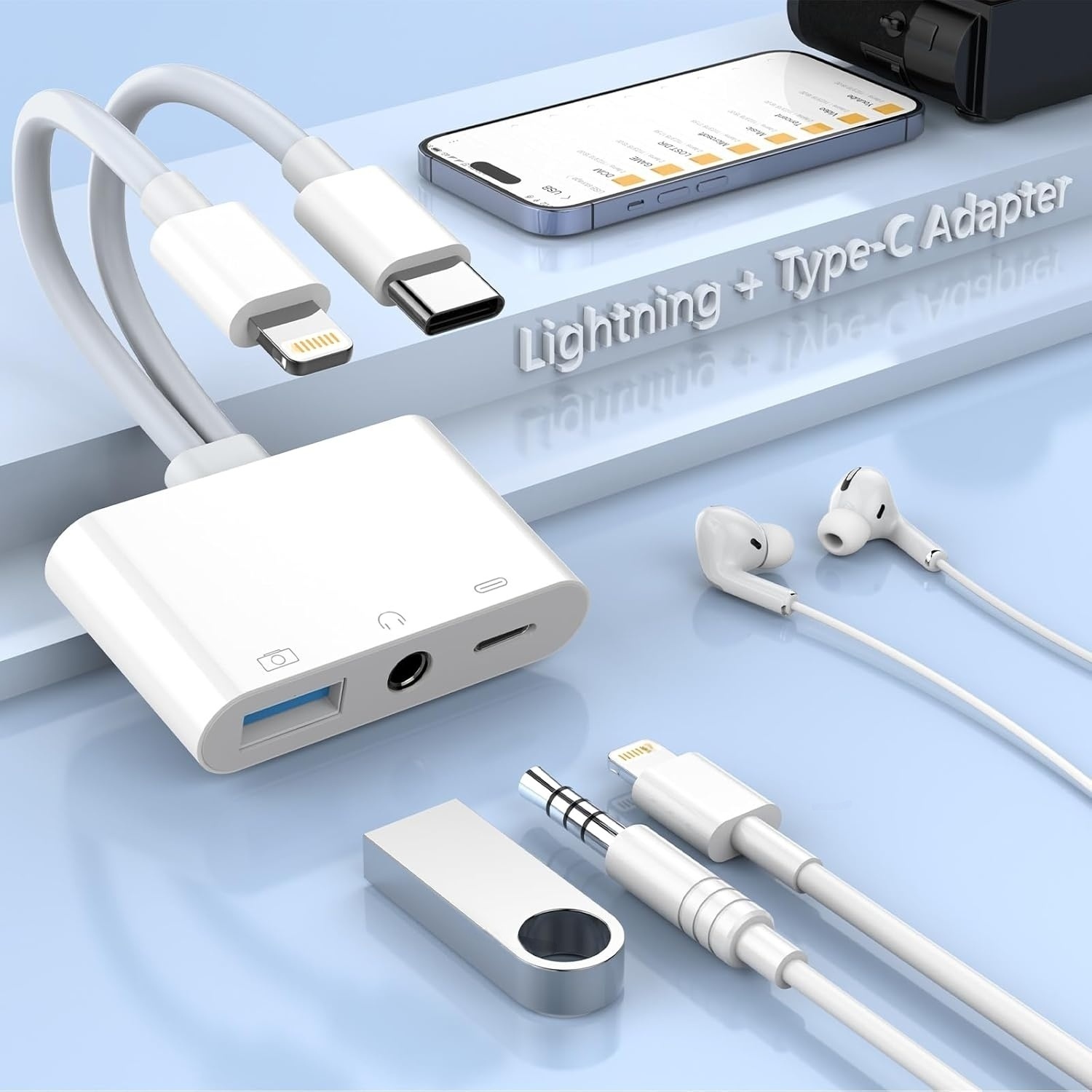Type C to USB 3.0 /3.5mm/Type C OTG Adapter 3.5mm Audio Jack Splitter for iPhone14/13/12/iPad with Fast Charging Port
