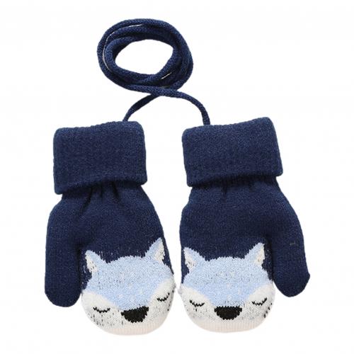 Kinderen winter dikke warme schattige cartoon vos dubbellaags gebreide handschoenen wanten met touw hang handschoenen aan kindernek: Marineblauw