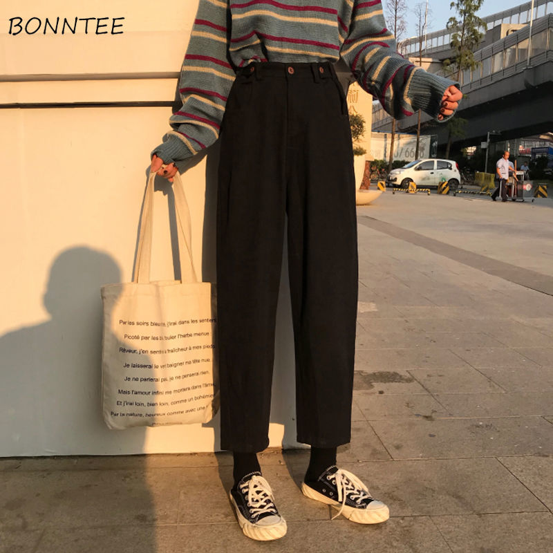 Jean femme grande taille solide taille haute Ulzzang Harajuku Style coréen Vintage a la femmes pantalon poches Simple Chic