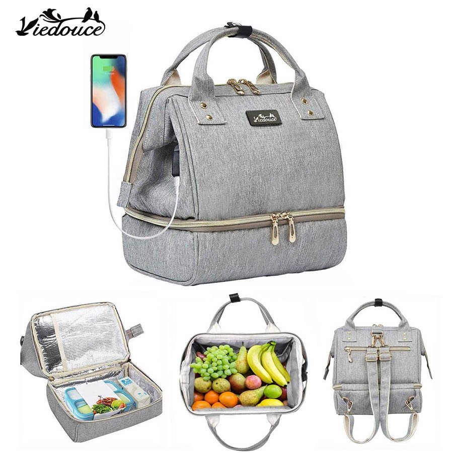 Viedouce thermal insulated school lunch bag travel usb diaper kid men women office lunch cooler box bag for women men kids lunch