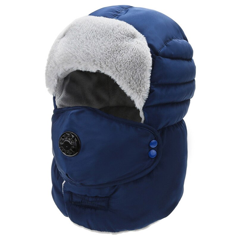 Bomber Hat Men Women Winter Hat with Mask Thick Warm Russian Hat Windproof Earflap Trapper Cap Unisex Snow Ski Fur Hat: Navy Blue