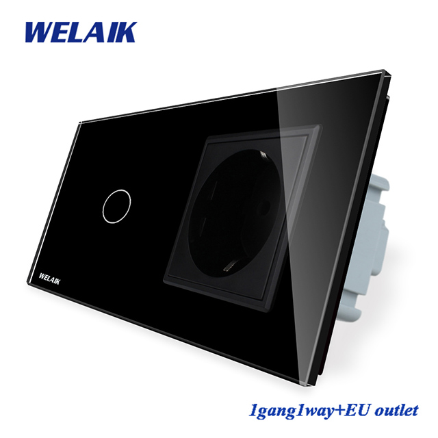 WELAIK 2Frame-Crystal Glass-Panel Wall-Switch EU Touch-Switch-Screen EU Wall-Socket 1gang-1way AC250V A29118ECW/B: 1g1w EU Socket Black