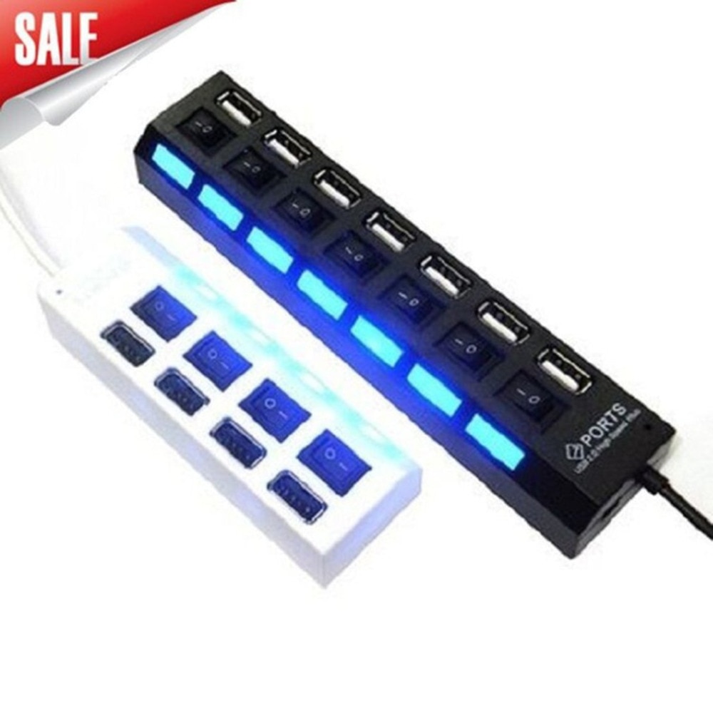 Socket with LED Indicator 7 Ports USB3.0 Adapter Hub Power on/off Switch Plug & Play High Speed Portable For PC Laptop