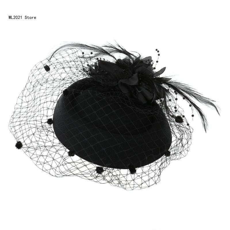 Fascinator-Hüte, einfarbig, pelzige Pillbox-Hut, Party-Kopfbedeckung, Mütze mit Schleier für Mädchen und Frauen: Black