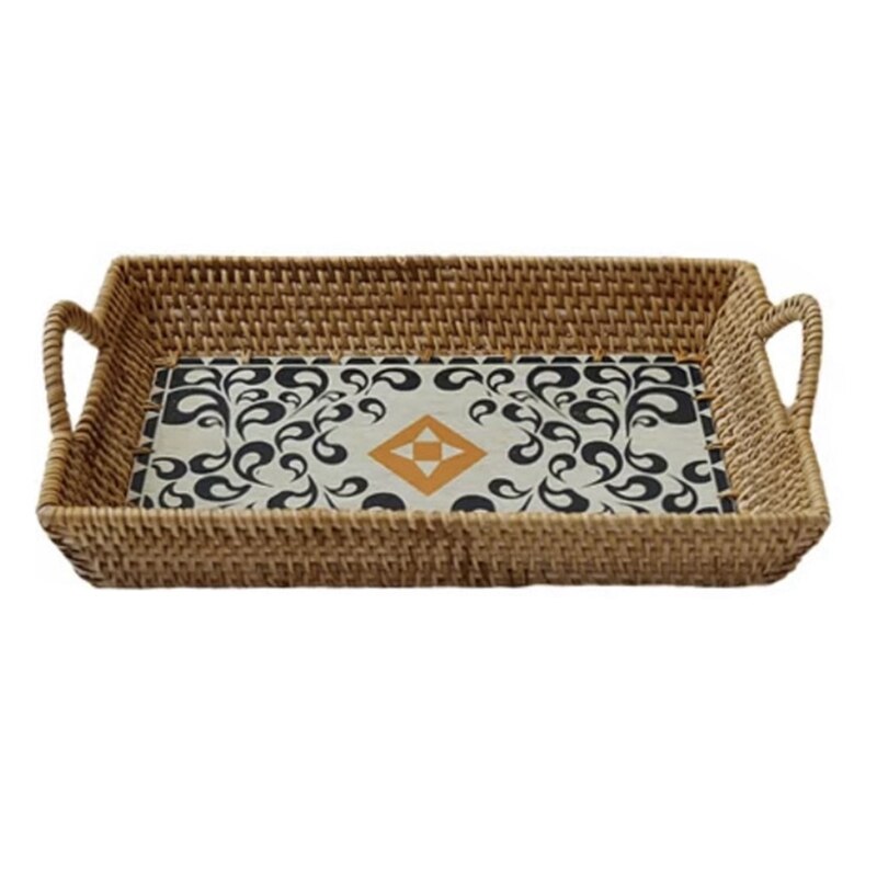 IGNPION Rond rotan geweven serveerblad 24,5 cm decoratief displayblad opbergschalen met handvat tafel desktop organizer blad voor koffie, drankje, ontbijt, thee, kaars