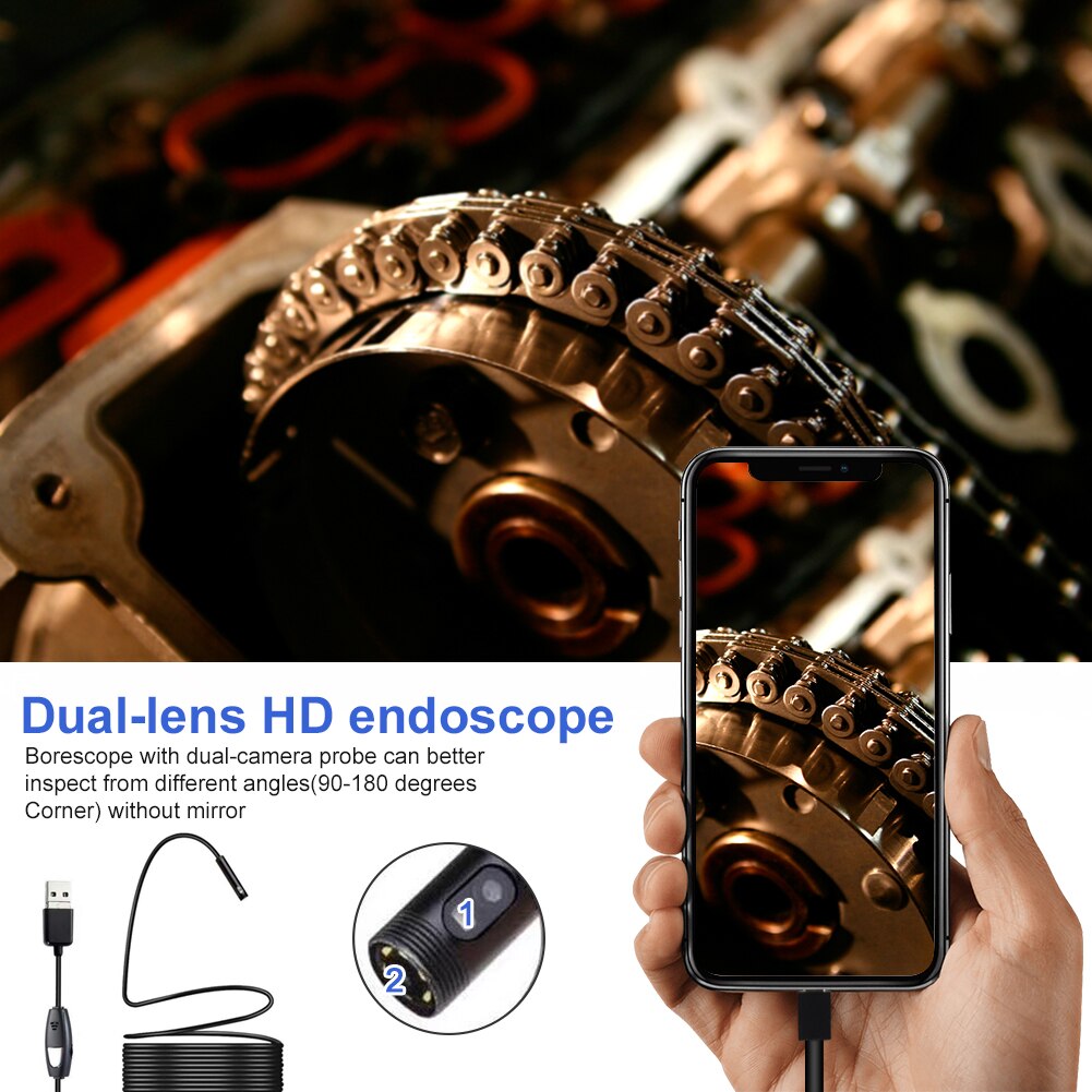 3 In 1 Adjustable LED Industrial Endoscope Dual Lens Pipeline Waterproof Flexible With Cable Inspection Camera Tablet Borescope