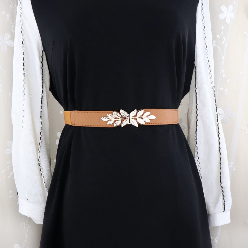 Cinturones anchos para mujer, corsé de cuero PU para adelgazar la cintura, cinturones de cuerpo, cintura elástica ajustable, faja para vestido: leaf brown belt