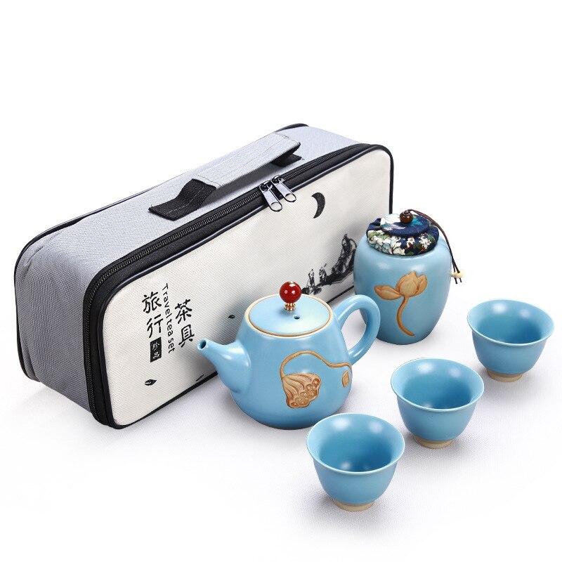 Portable Chinese Tea Set Ceramic Teapot Leaves Jar 3 Porcelain Tea Cups with Carrying Case FQ-ing