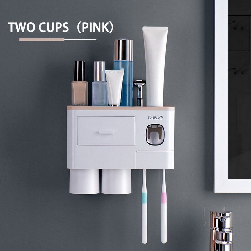 Magnetic Adsorption Inverted Toothbrush Holder Automatic Toothpaste Squeezer Dispenser Storage Rack Bathroom Accessories: 2 Cups Pink