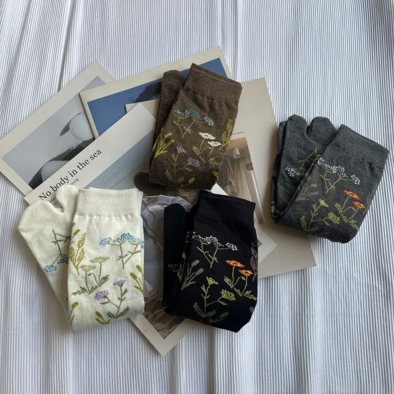 Calcetines elegantes Retro de algodón peinado con punta abierta para mujer, medias suaves con patrones florales de plantas, Harajuku japonés de dos dedos, Tabi Sox