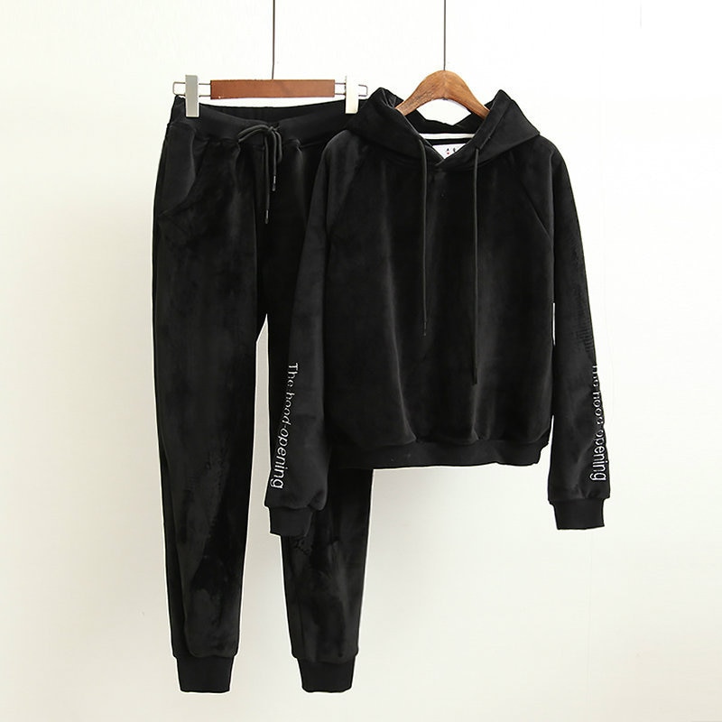 High-end Women Set Velvet Tracksuit for Women Velour 2 Piece Sets Letter Embroidery Hooded Sweatshirt+Pants Suits: Black / M